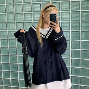 Dazy Navy Cable Knit V-Neck Sweater Striped Collar Relaxed Fit Size M